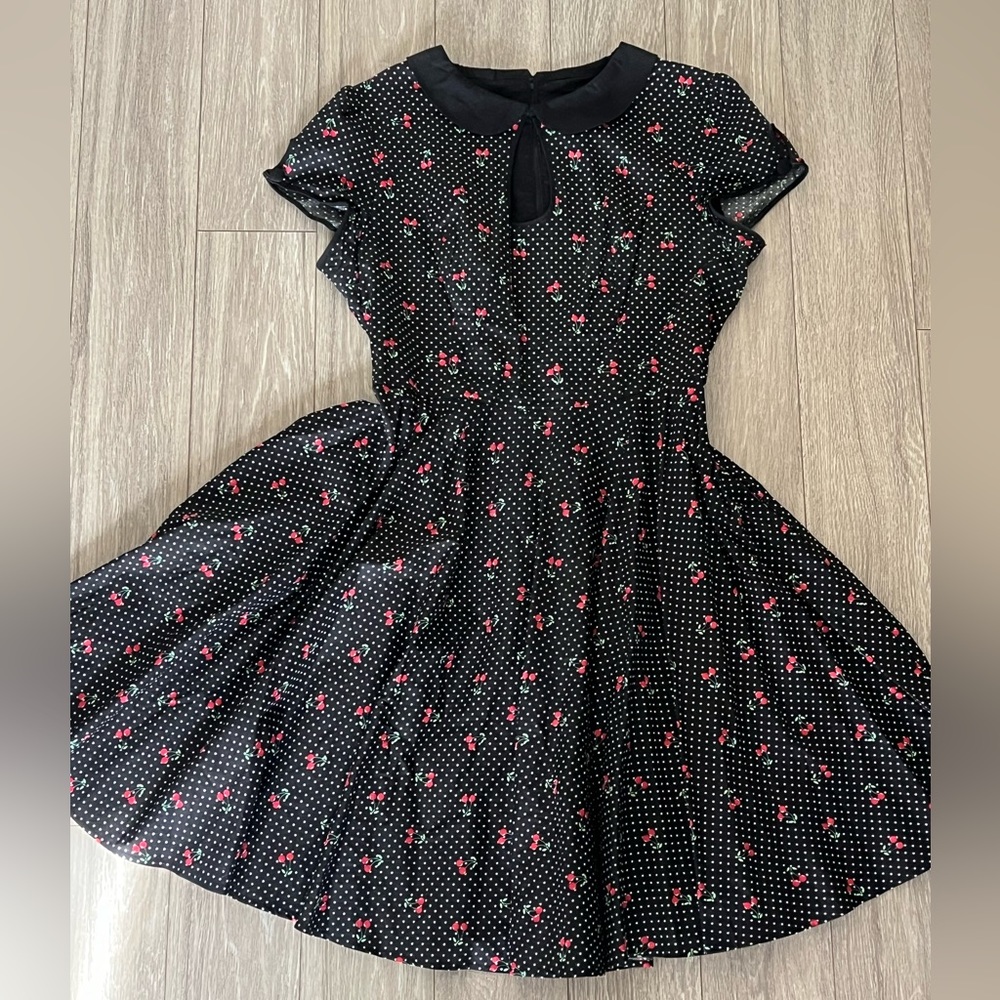 Hell Bunny Plus Size Black & Cherry Print Sophie Flare Dress-2X